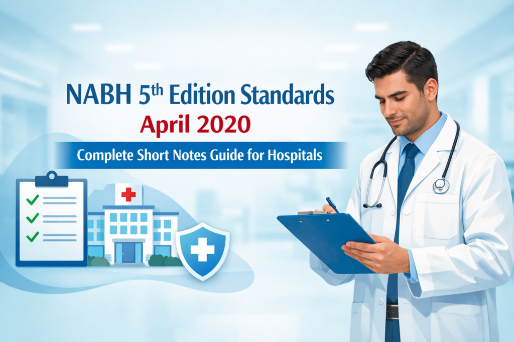 Learn NABH 5th Edition Standards (April 2020) with simple short notes. A complete guide for hospitals covering NABH chapters, policies, patient safety, and accreditation.