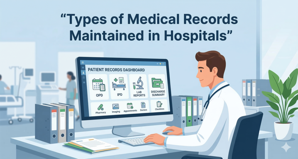Learn about the different types of medical records maintained in hospitals including OPD, IPD, laboratory, radiology, and discharge records with examples.