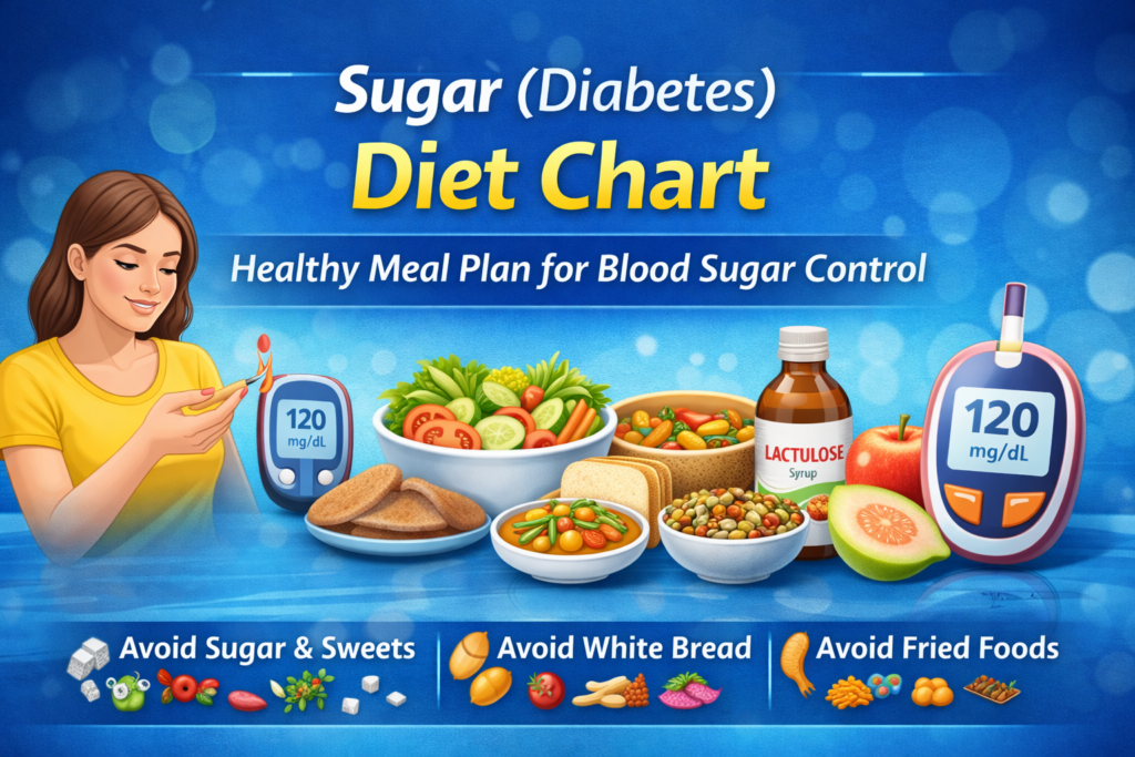 Diabetes diet chart showing healthy foods and meal plan for blood sugar control