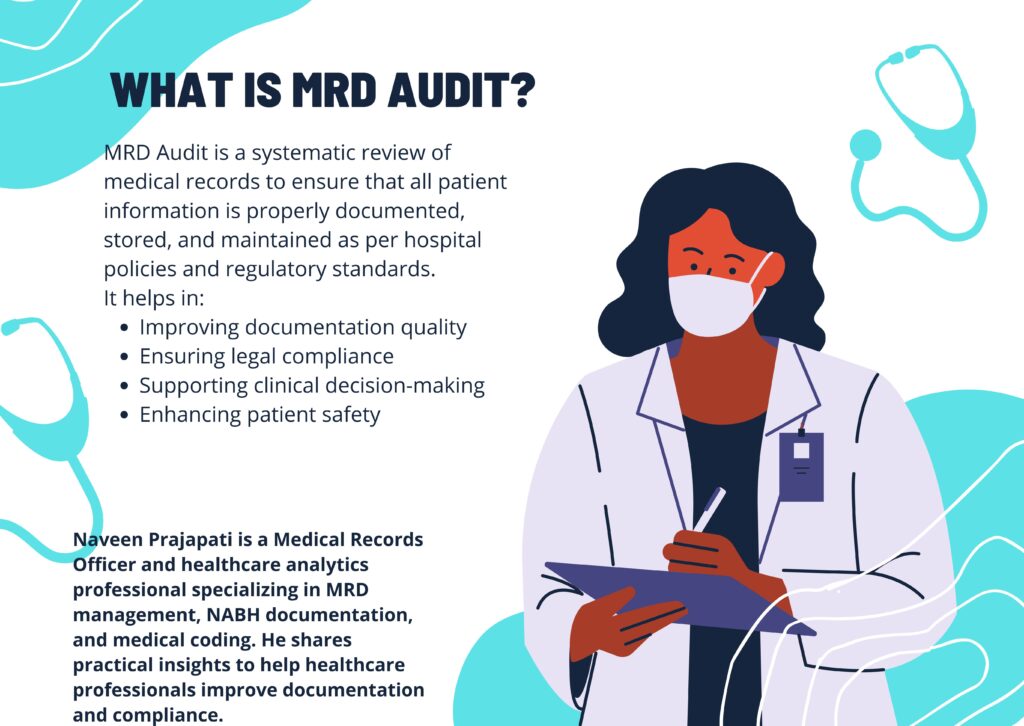 MRD Audit is a systematic review of medical records to ensure that all patient information is properly documented, stored, and maintained as per hospital policies and regulatory standards.